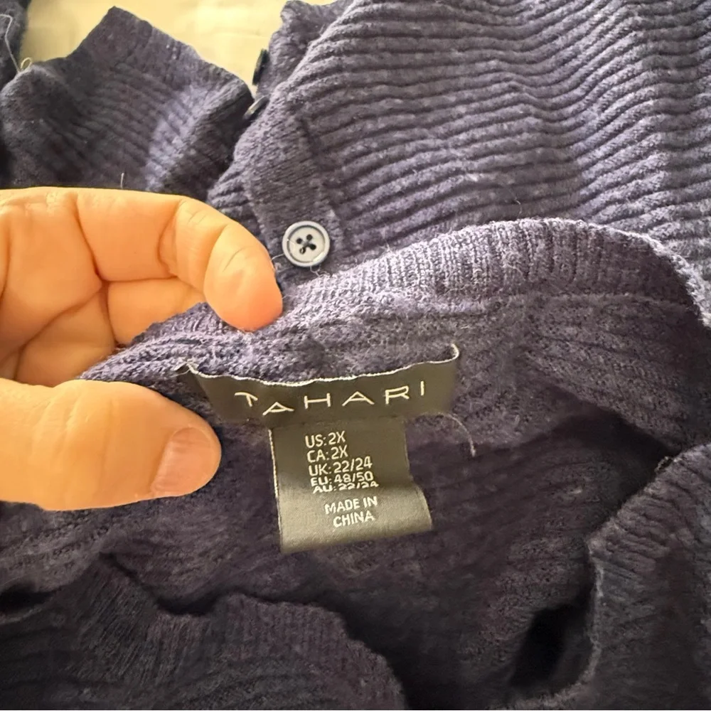 Tahari Navy Blue Textured Knit Button Back Sweater Women 2X Long Sleeve Pullover